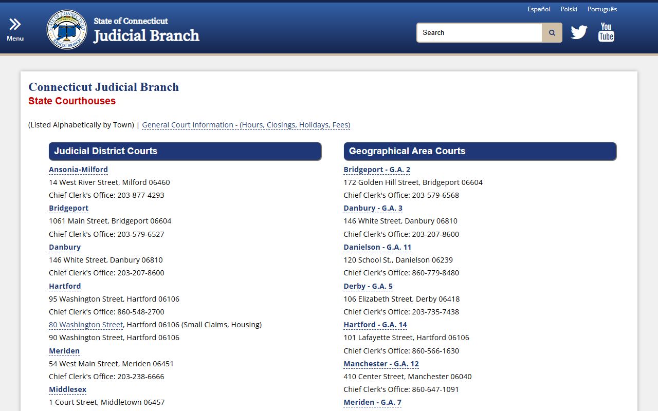 GA 19 Rockville courthouse information for Tolland County traffic court records